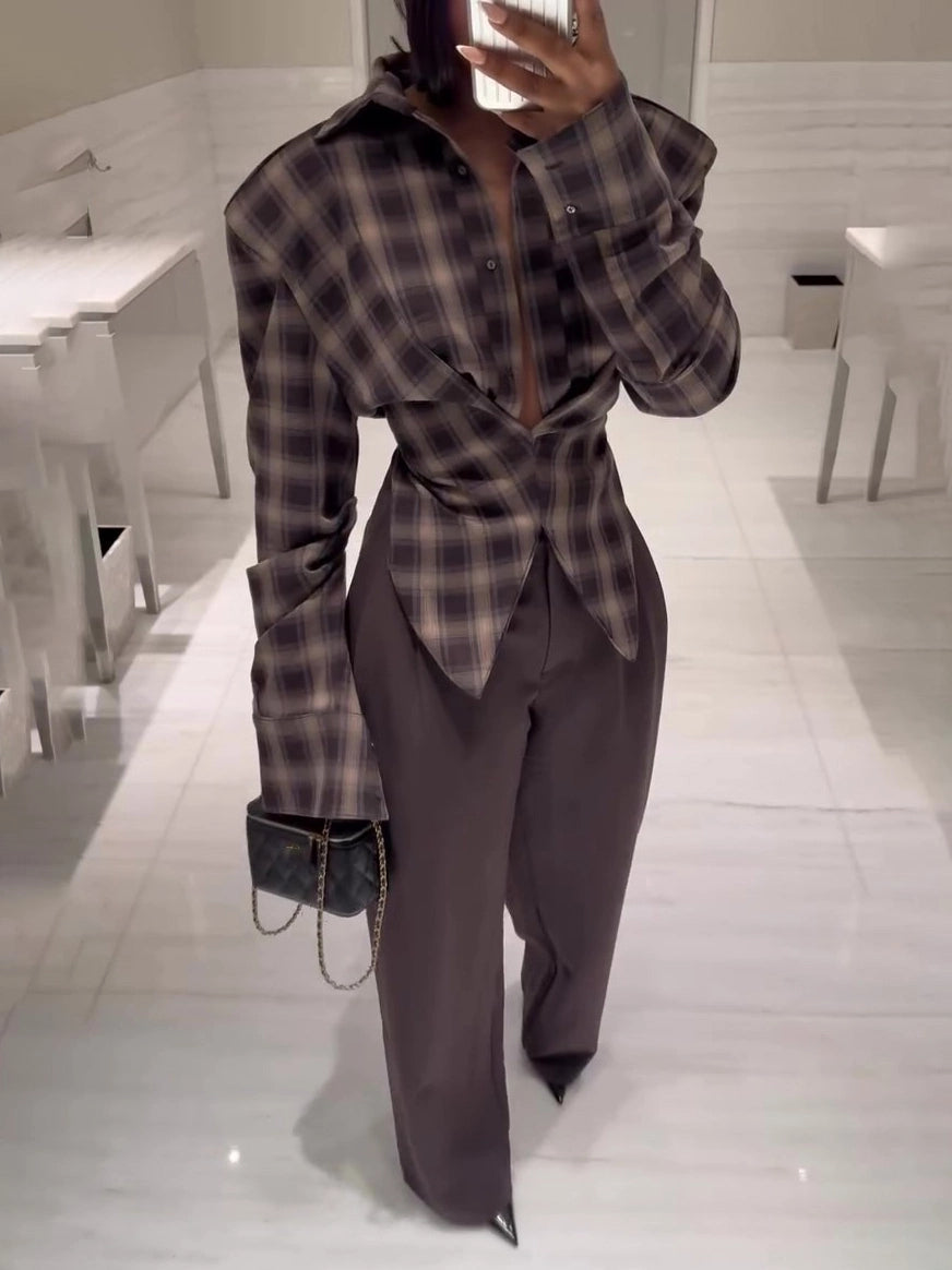 Kafra Brown Plaid Oversized Slouchy Blouse with Drape
