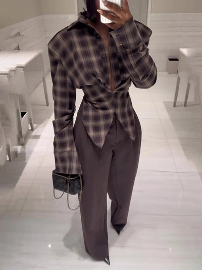 Kafra Brown Plaid Oversized Slouchy Blouse with Drape