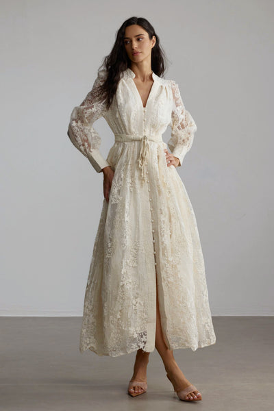 Madeline V-Neck Lace Embroidered Midi Dress with Pearl Details