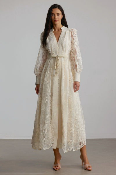 Madeline V-Neck Lace Embroidered Midi Dress with Pearl Details