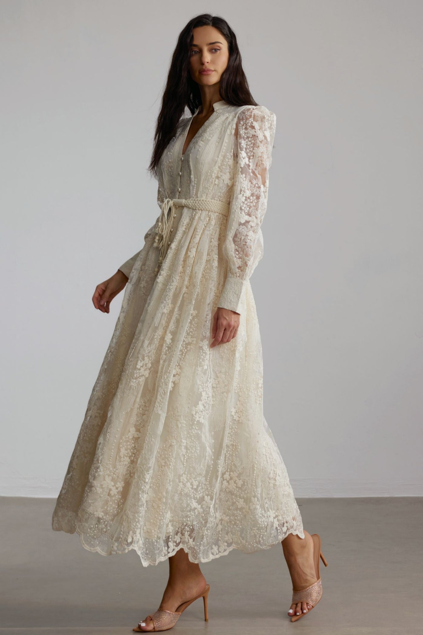 Madeline V-Neck Lace Embroidered Midi Dress with Pearl Details