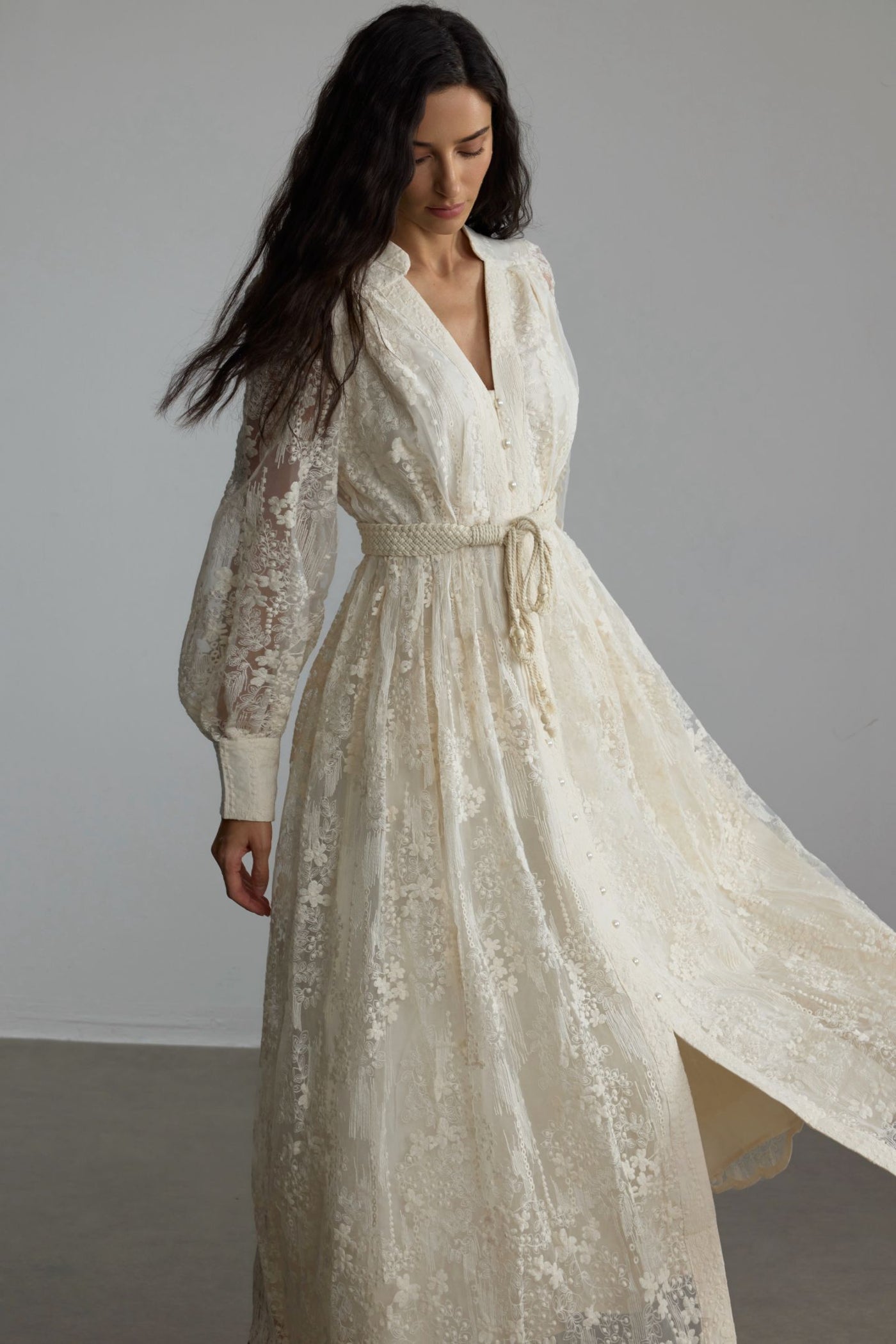 Madeline V-Neck Lace Embroidered Midi Dress with Pearl Details