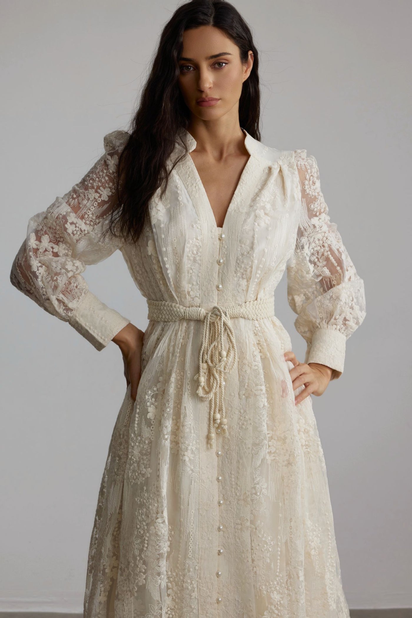 Madeline V-Neck Lace Embroidered Midi Dress with Pearl Details