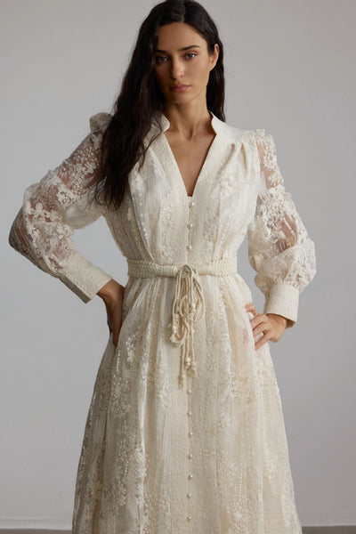 Madeline V-Neck Lace Embroidered Midi Dress with Pearl Details