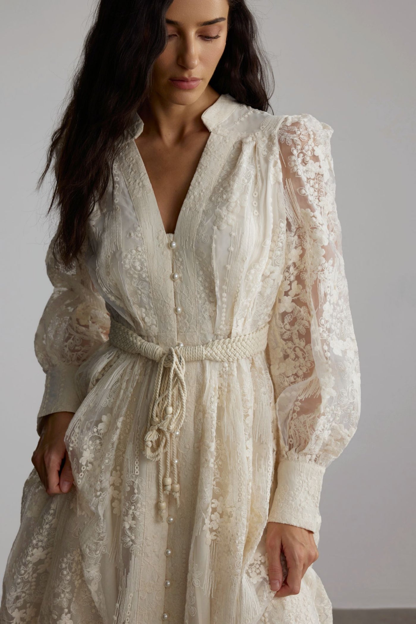 Madeline V-Neck Lace Embroidered Midi Dress with Pearl Details