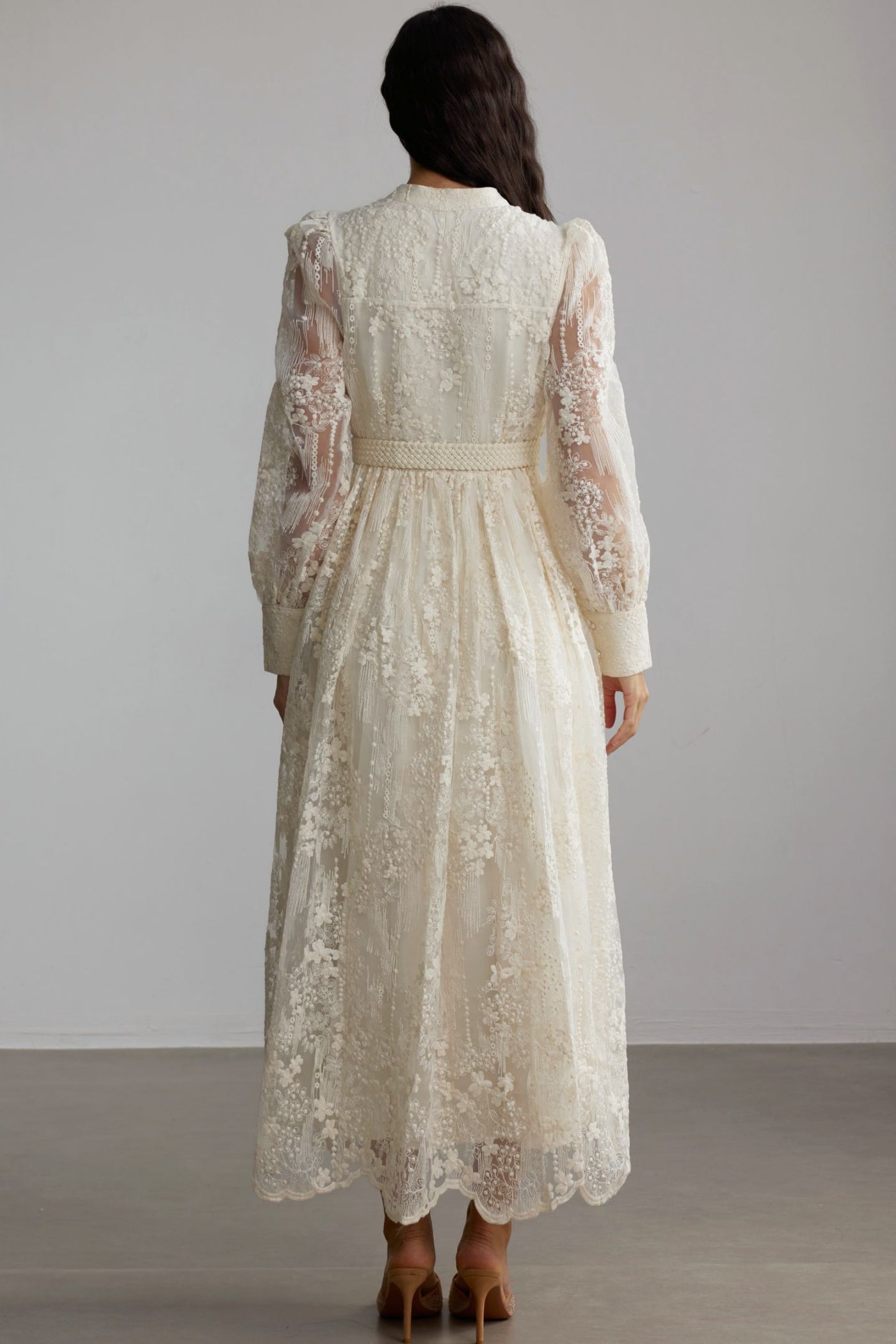 Madeline V-Neck Lace Embroidered Midi Dress with Pearl Details