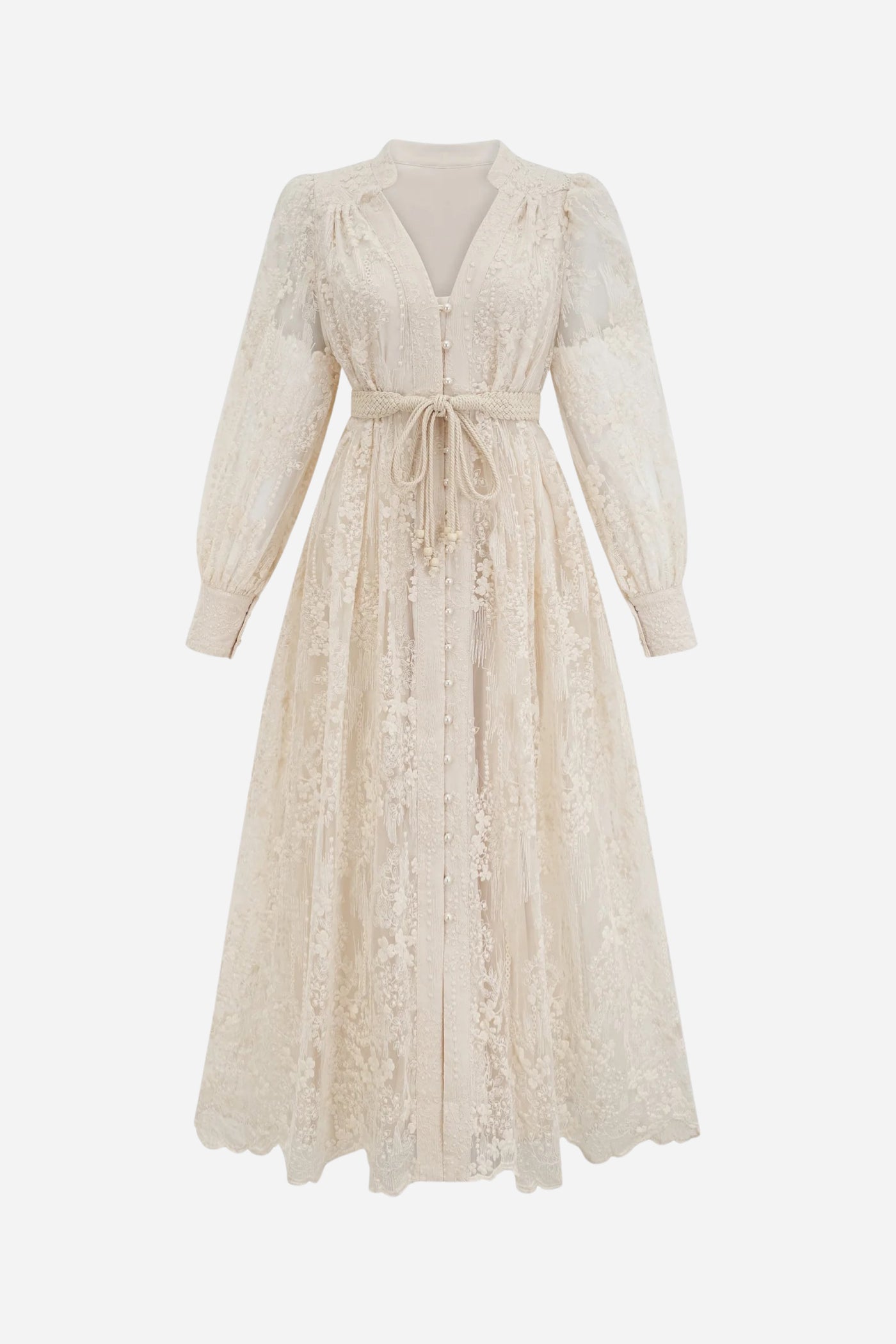 Madeline V-Neck Lace Embroidered Midi Dress with Pearl Details