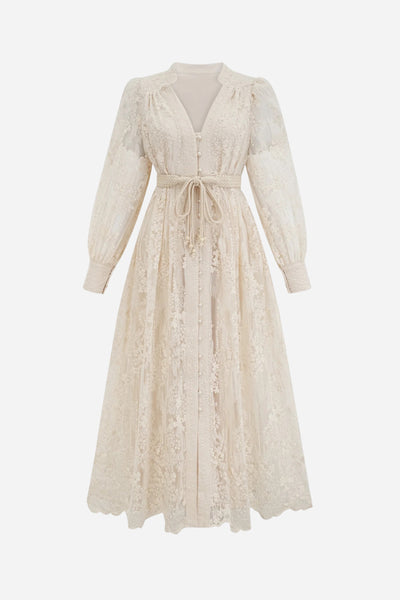 Madeline V-Neck Lace Embroidered Midi Dress with Pearl Details
