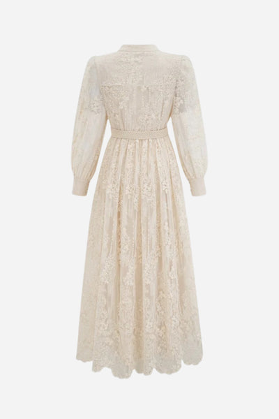 Madeline V-Neck Lace Embroidered Midi Dress with Pearl Details