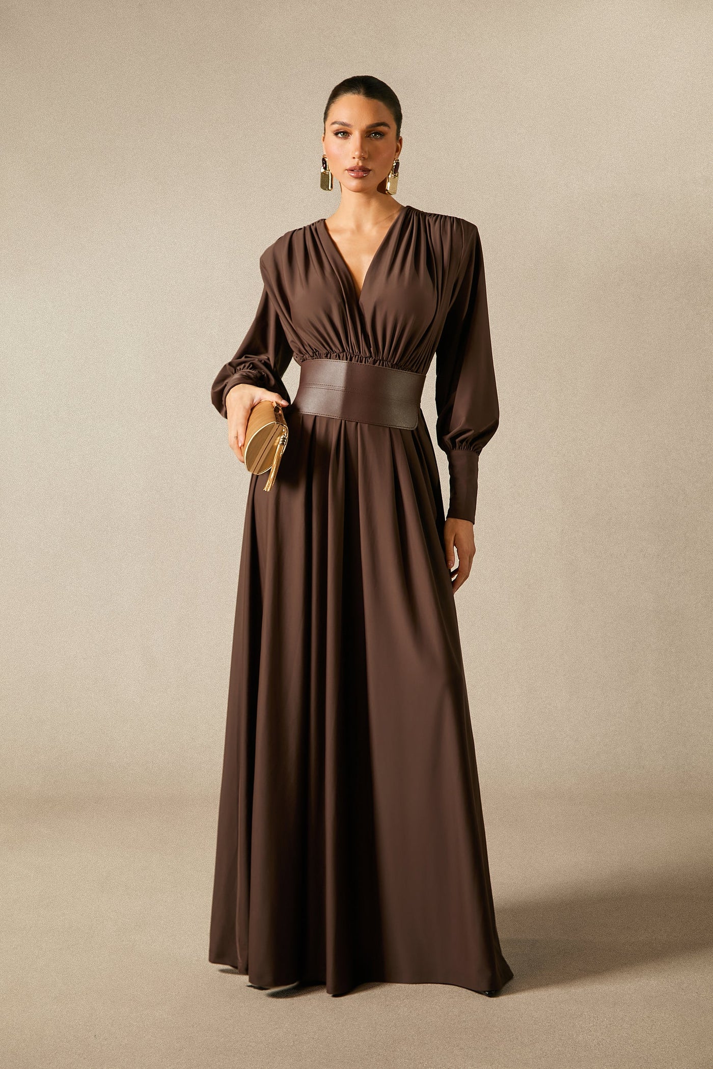 Renata Brown Plunge V-Neck Long Sleeve Maxi Dress with Belt