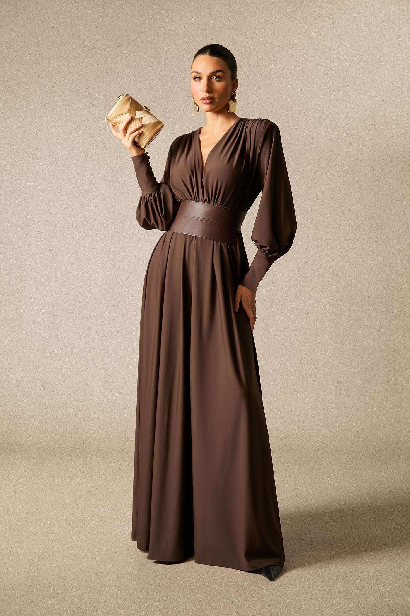 Renata Brown Plunge V-Neck Long Sleeve Maxi Dress with Belt