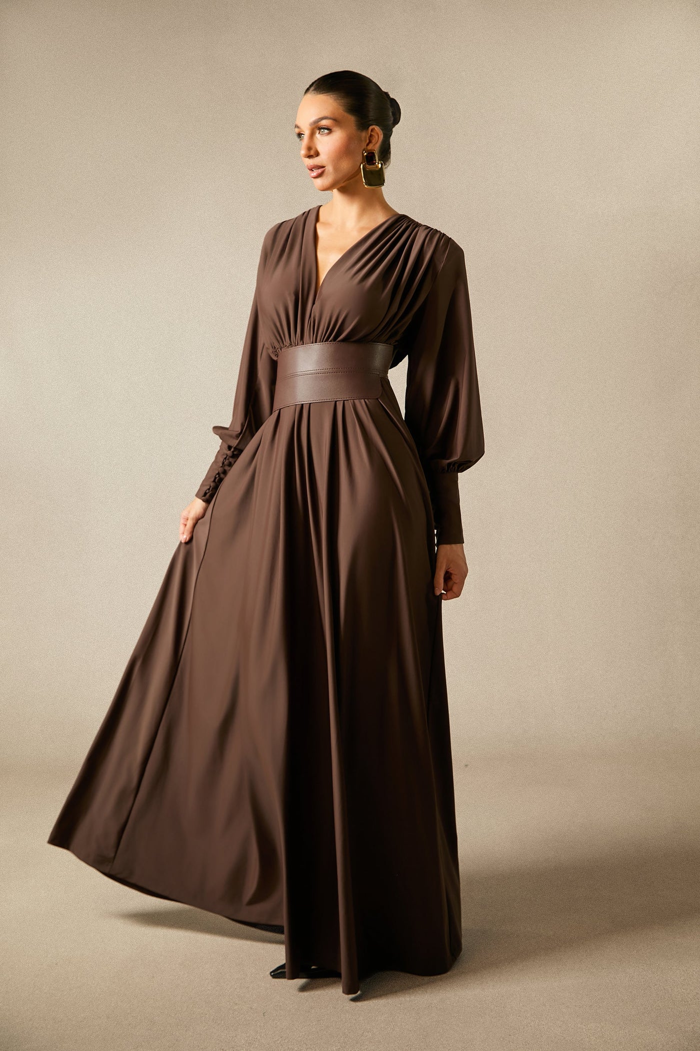 Renata Brown Plunge V-Neck Long Sleeve Maxi Dress with Belt