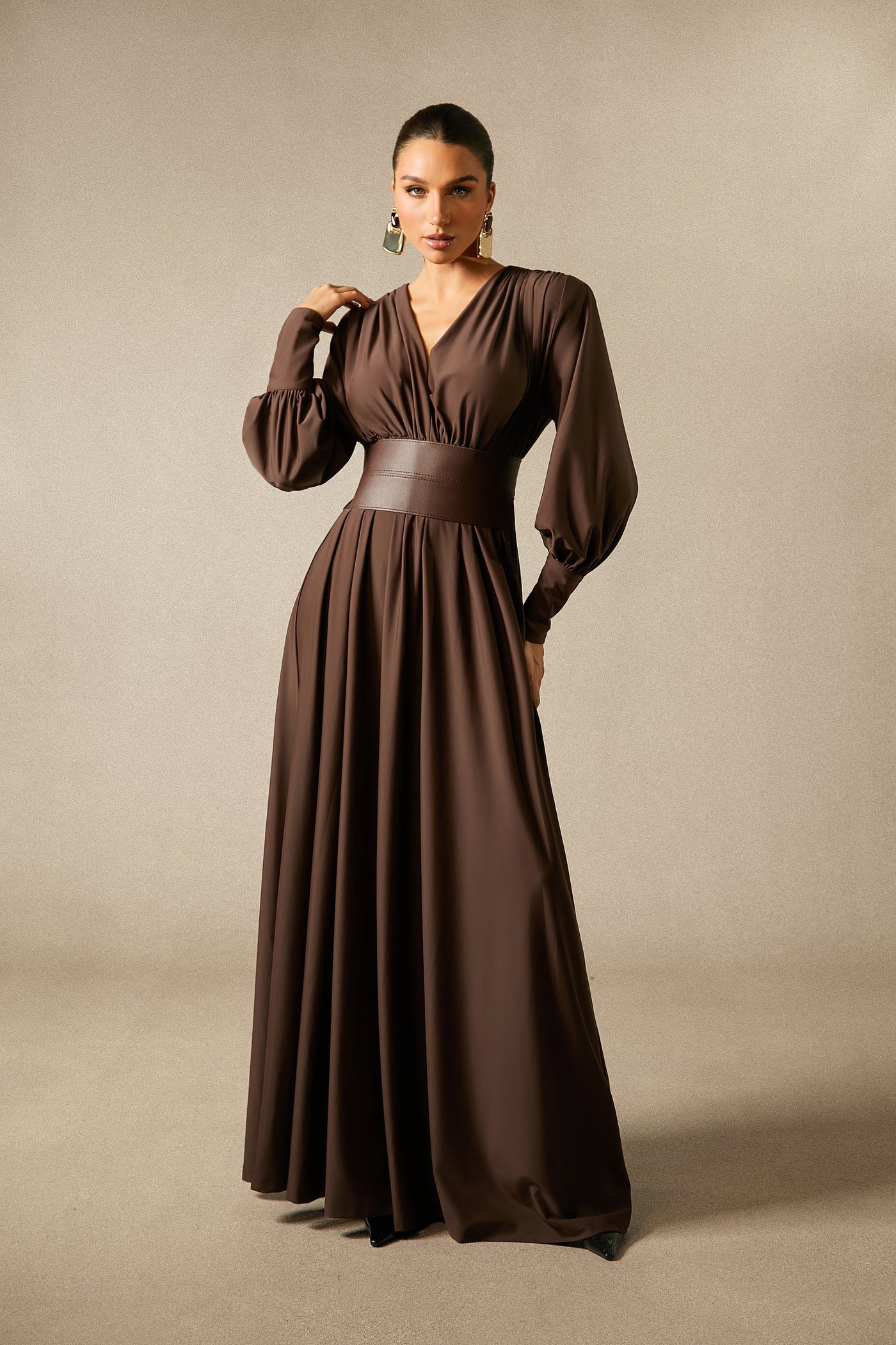 Renata Brown Plunge V-Neck Long Sleeve Maxi Dress with Belt