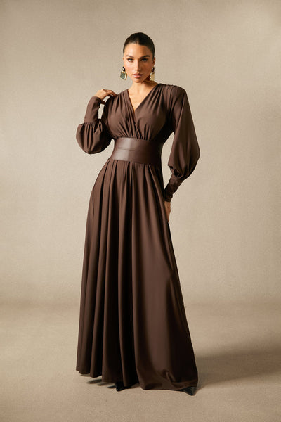 Renata Brown Plunge V-Neck Long Sleeve Maxi Dress with Belt