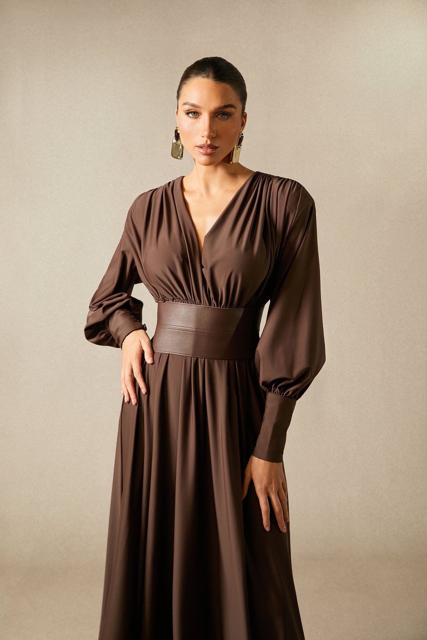 Renata Brown Plunge V-Neck Long Sleeve Maxi Dress with Belt