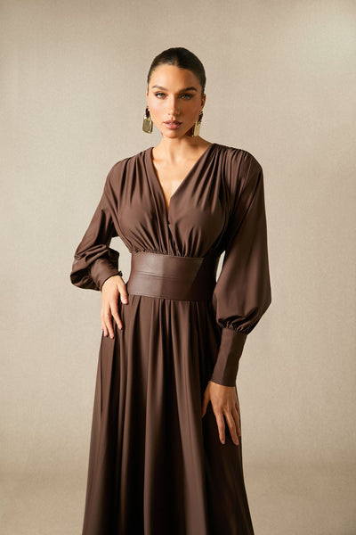 Renata Brown Plunge V-Neck Long Sleeve Maxi Dress with Belt