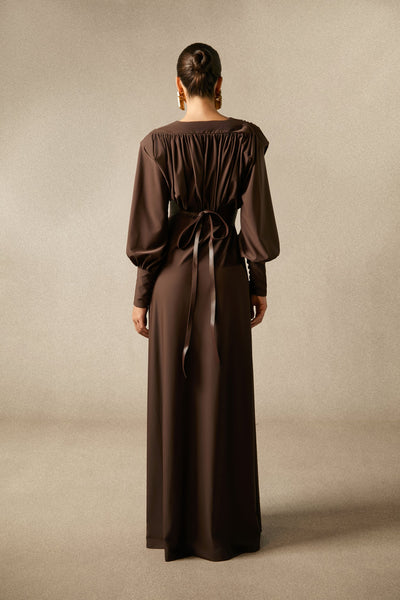 Renata Brown Plunge V-Neck Long Sleeve Maxi Dress with Belt