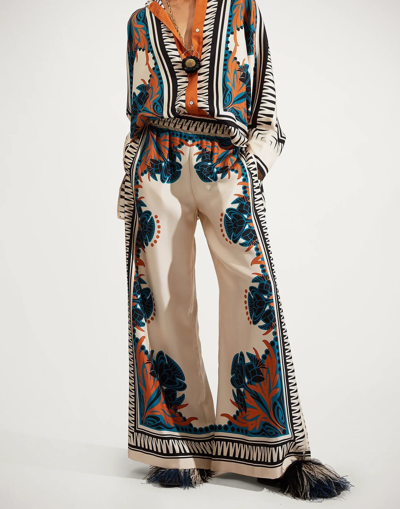 Florence Placee Silk Twill Palazzo Pants: Wide-Leg Flowy Comfort for Women
