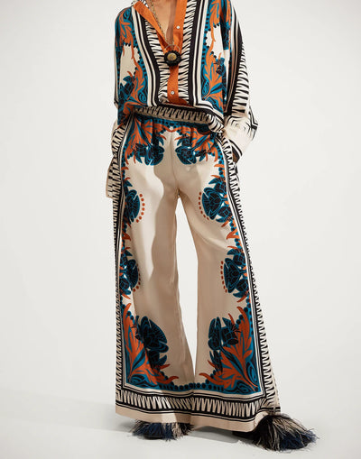 Florence Placee Silk Twill Palazzo Pants: Wide-Leg Flowy Comfort for Women