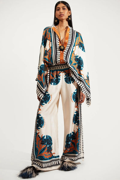 Florence Placee Silk Twill Palazzo Pants: Wide-Leg Flowy Comfort for Women