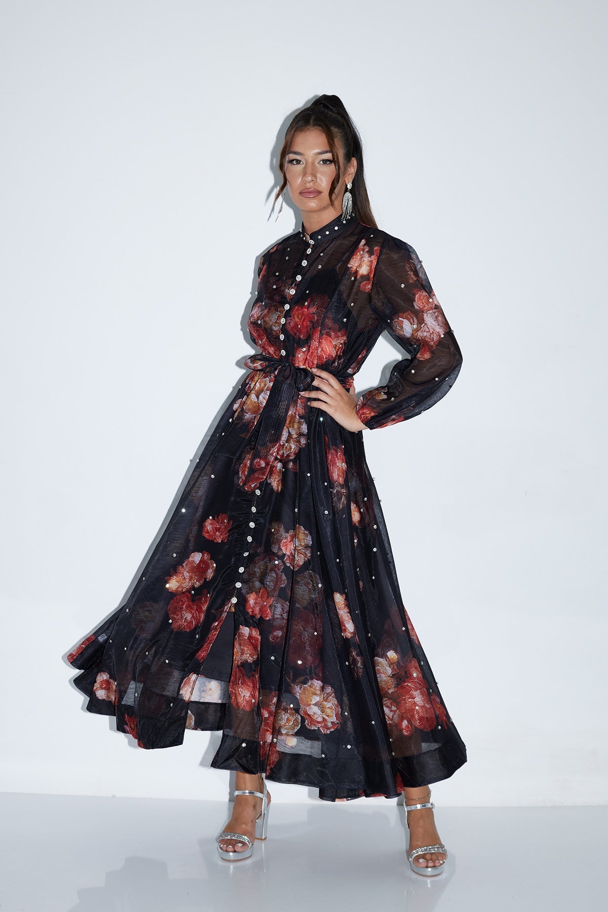 Elegant Black Sheer Floral Maxi Dress with Pearl Accents
