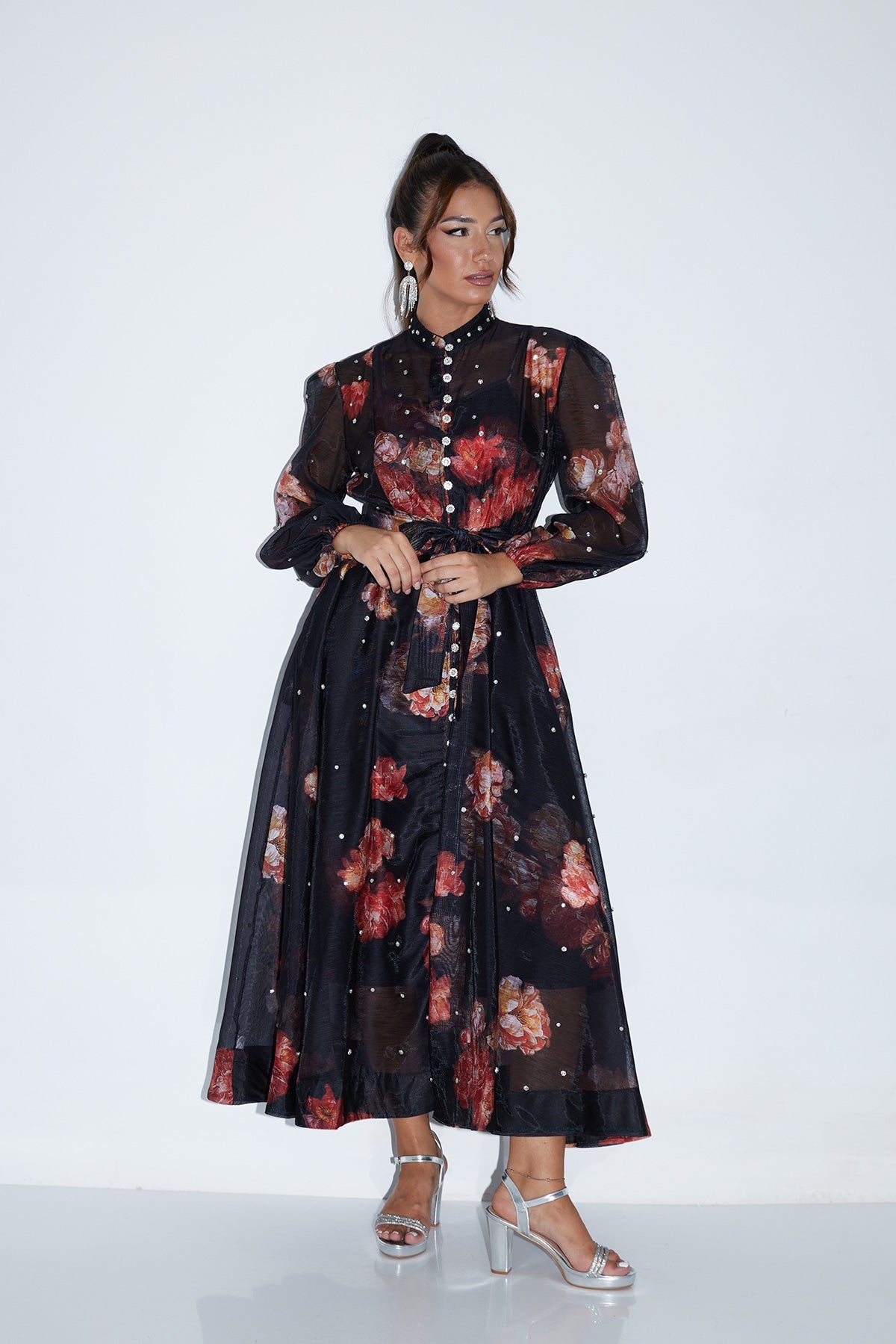 Elegant Black Sheer Floral Maxi Dress with Pearl Accents