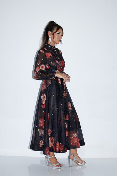 Elegant Black Sheer Floral Maxi Dress with Pearl Accents