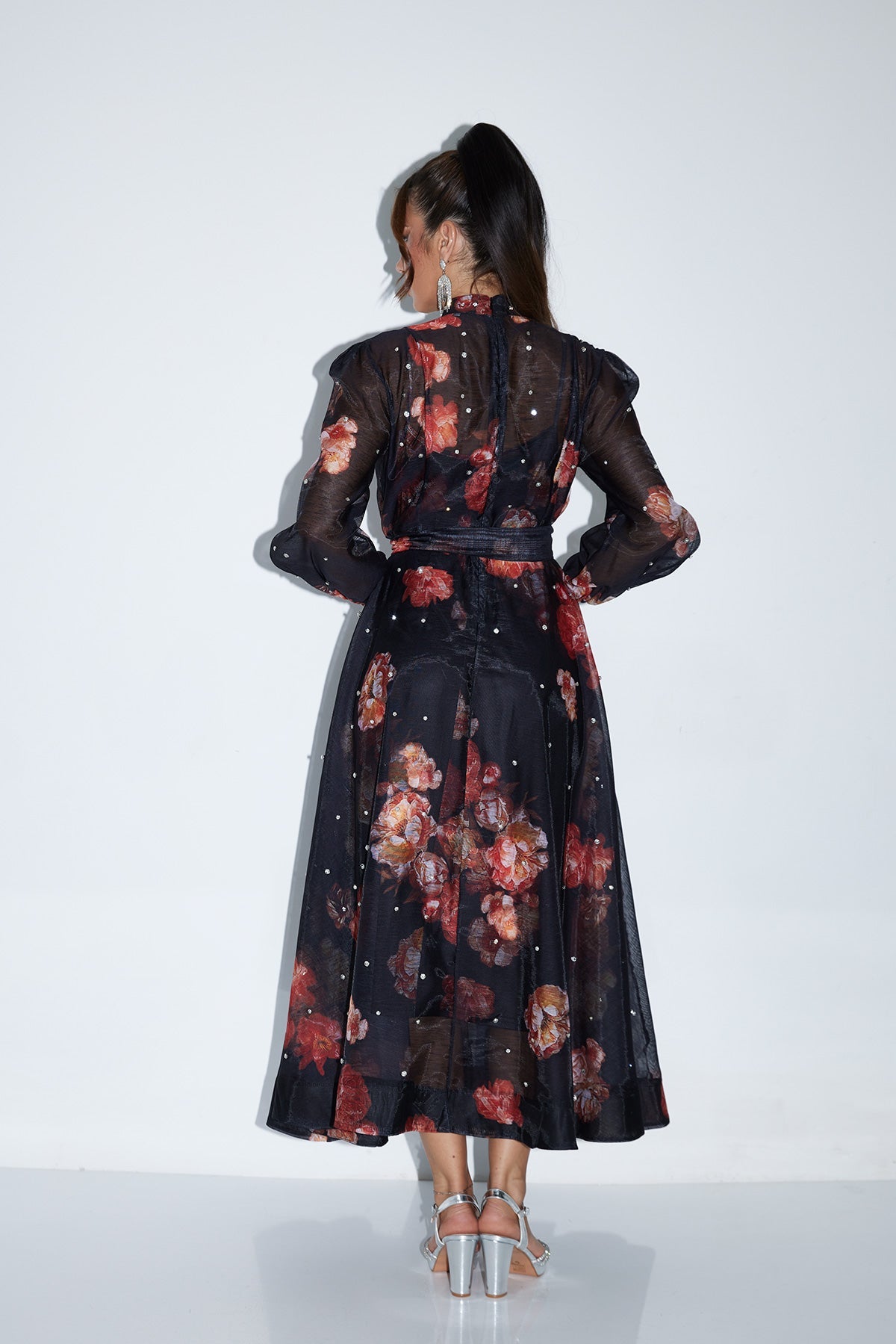 Elegant Black Sheer Floral Maxi Dress with Pearl Accents