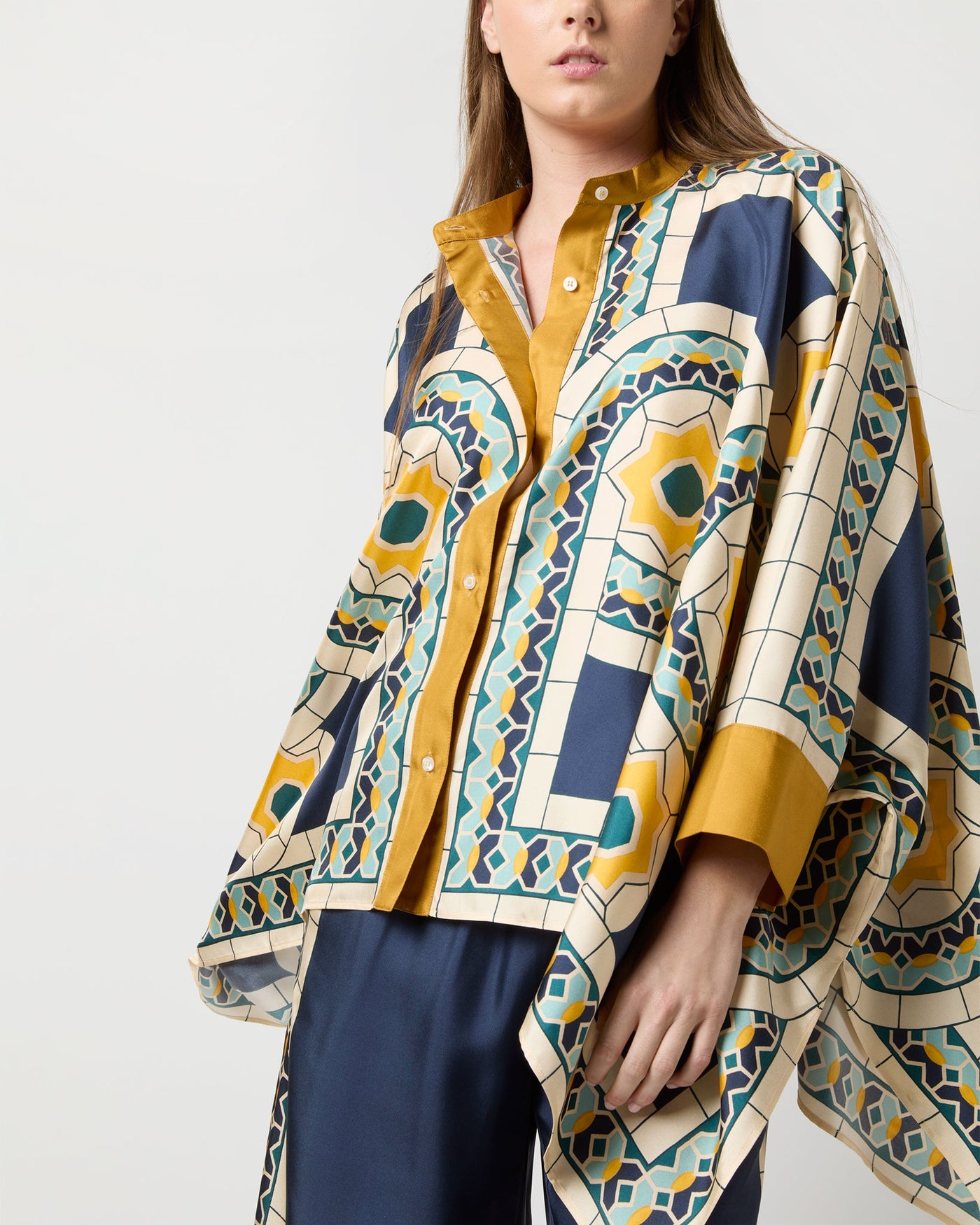 La DoubleJ Foulard Shirt Blue Mudejar Placee Silk Twill