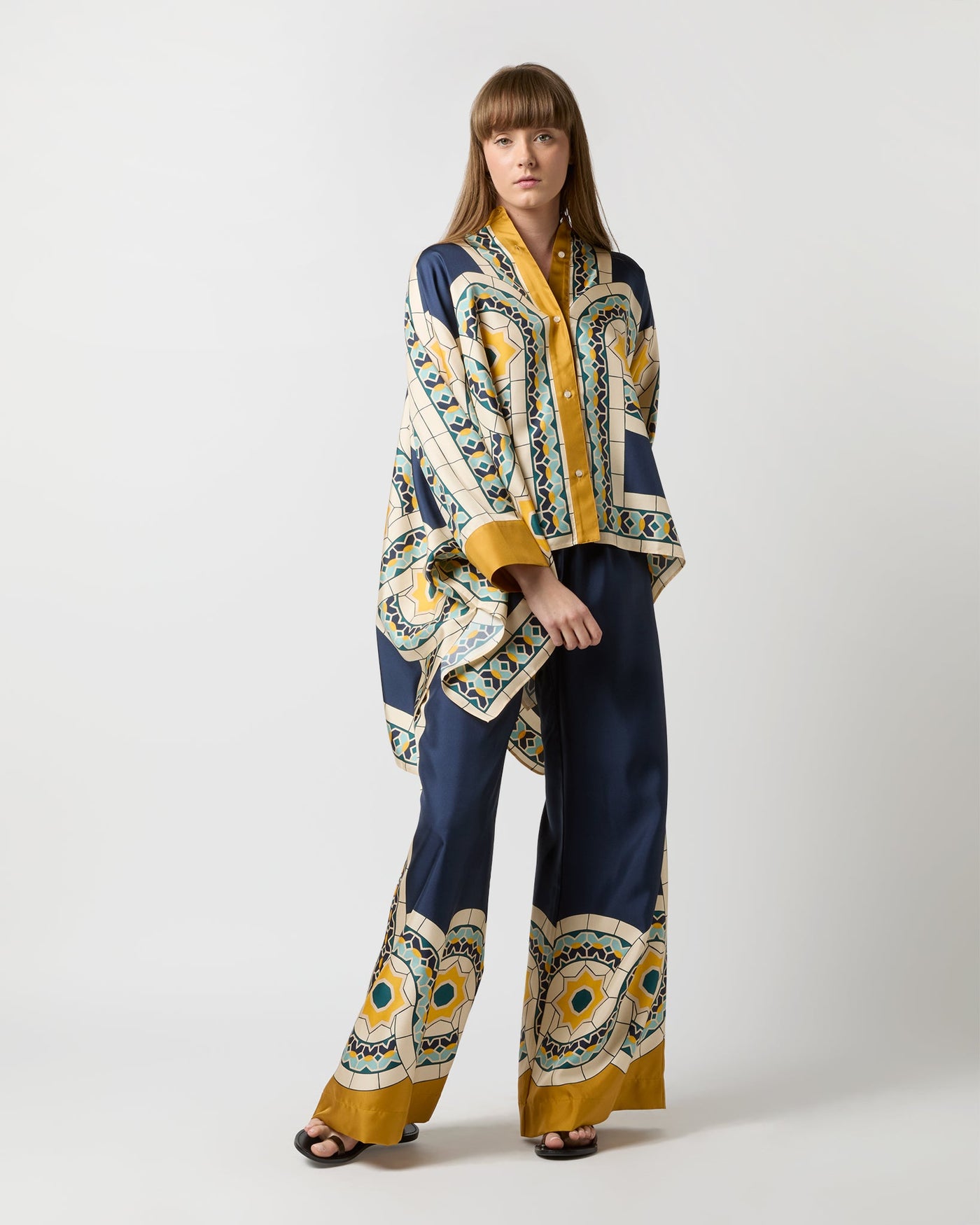 La DoubleJ Foulard Shirt Blue Mudejar Placee Silk Twill