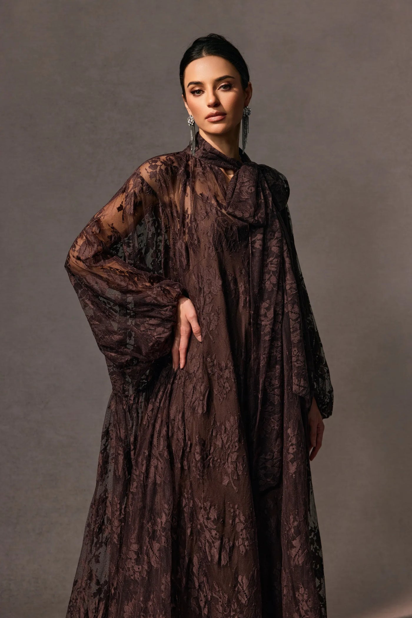 Elegant Sylvie Brown Chantilly Lace Flared Midi Dress