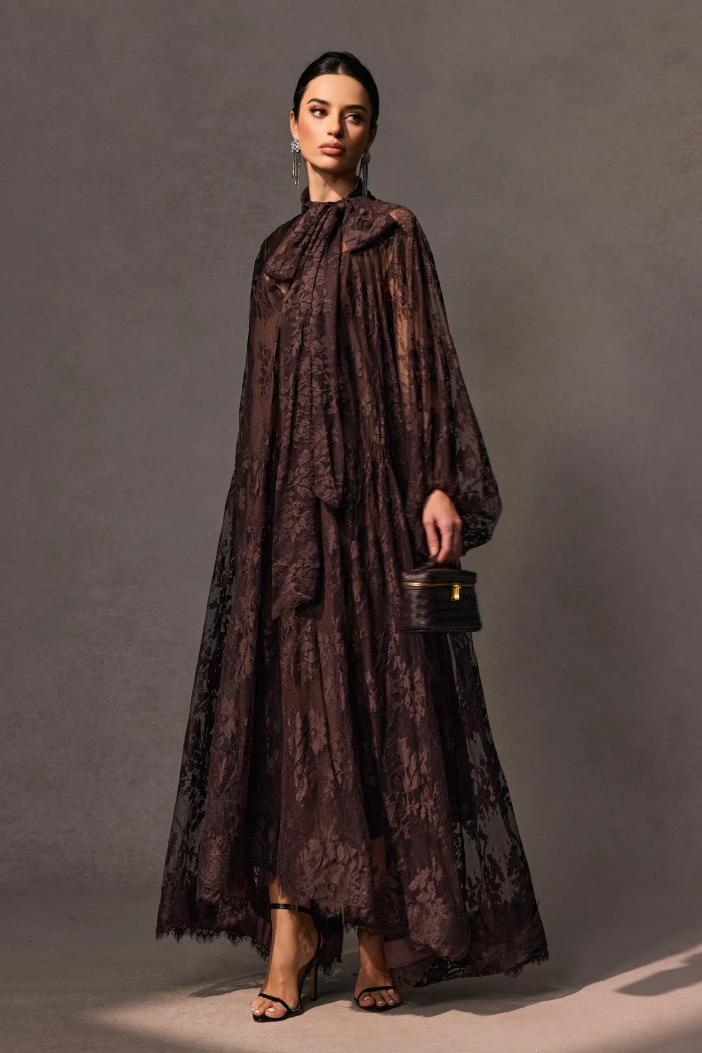 Elegant Sylvie Brown Chantilly Lace Flared Midi Dress