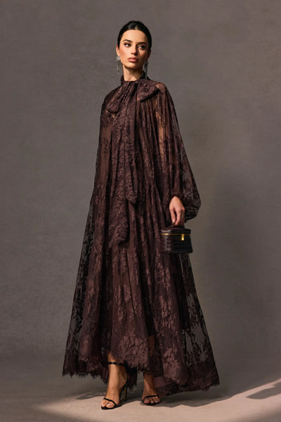 Elegant Sylvie Brown Chantilly Lace Flared Midi Dress