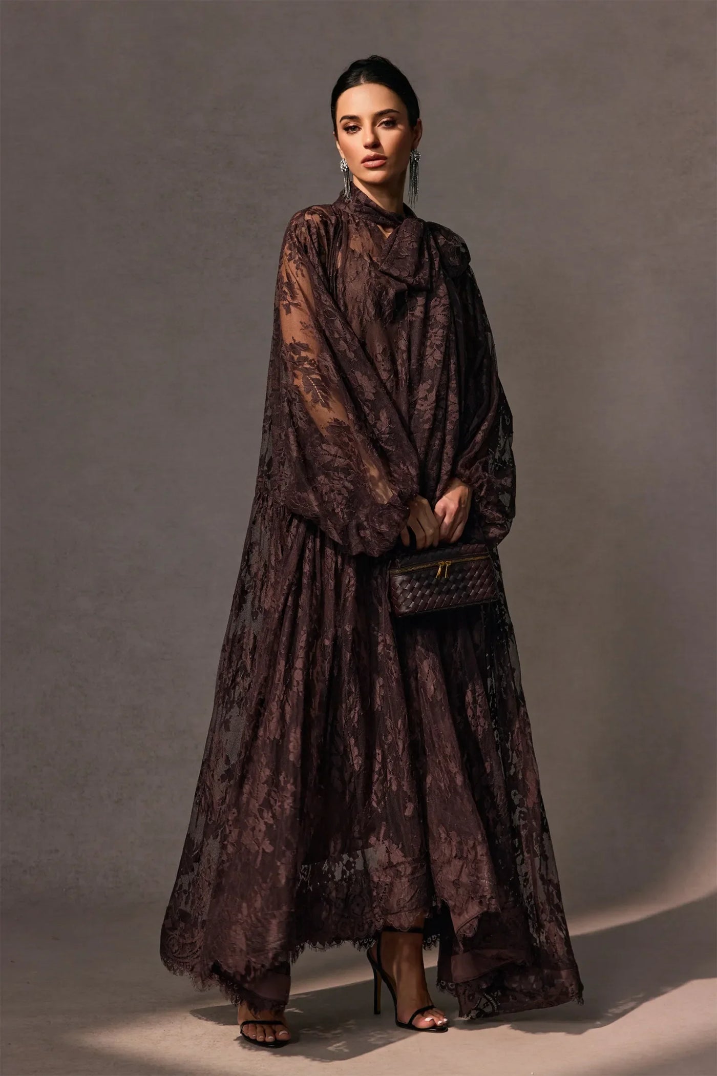 Elegant Sylvie Brown Chantilly Lace Flared Midi Dress