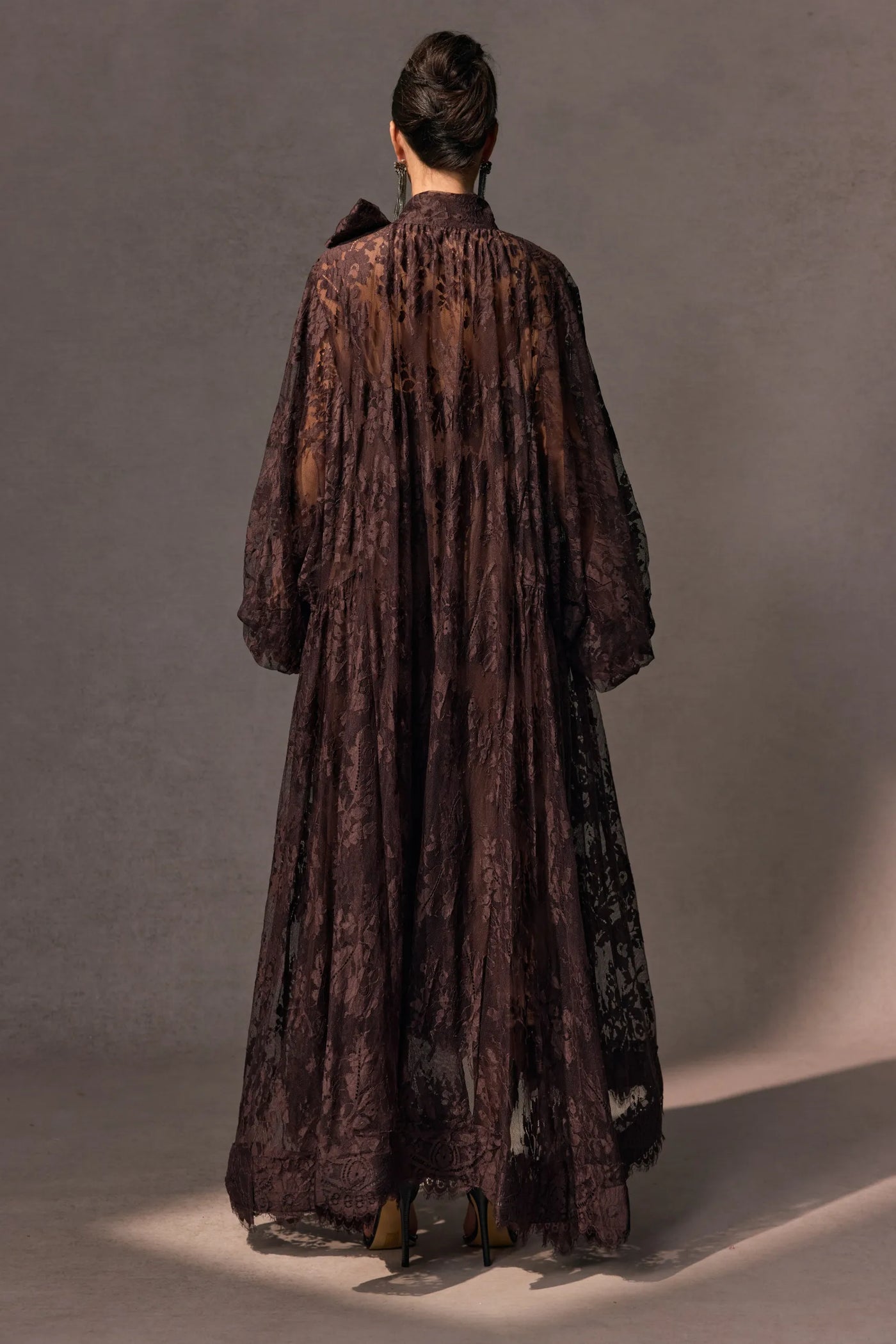 Elegant Sylvie Brown Chantilly Lace Flared Midi Dress