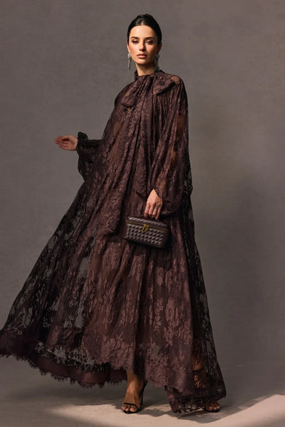 Elegant Sylvie Brown Chantilly Lace Flared Midi Dress