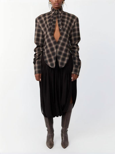Kafra Brown Plaid Oversized Slouchy Blouse with Drape