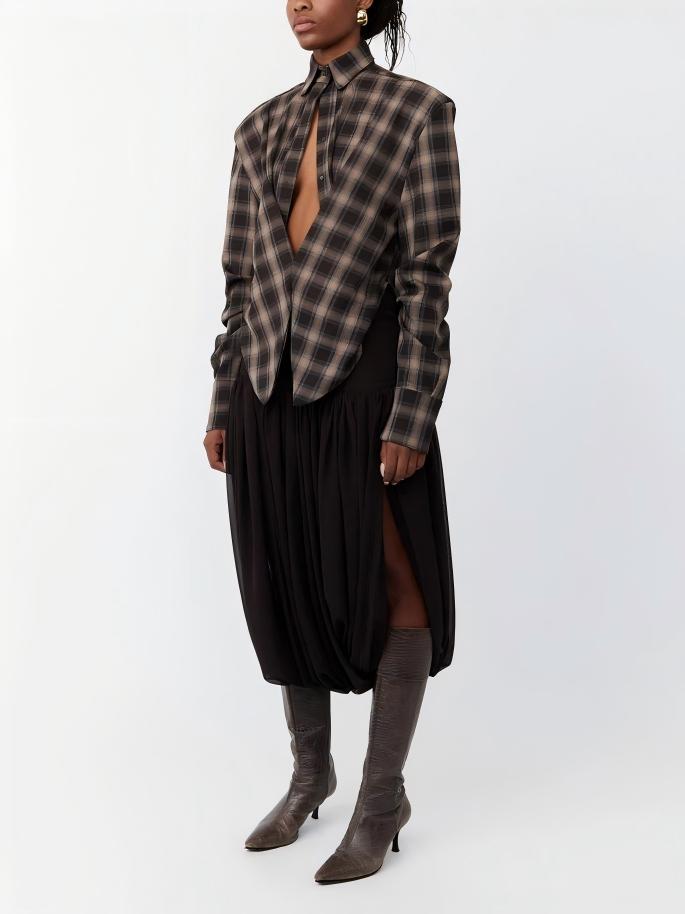 Kafra Brown Plaid Oversized Slouchy Blouse with Drape