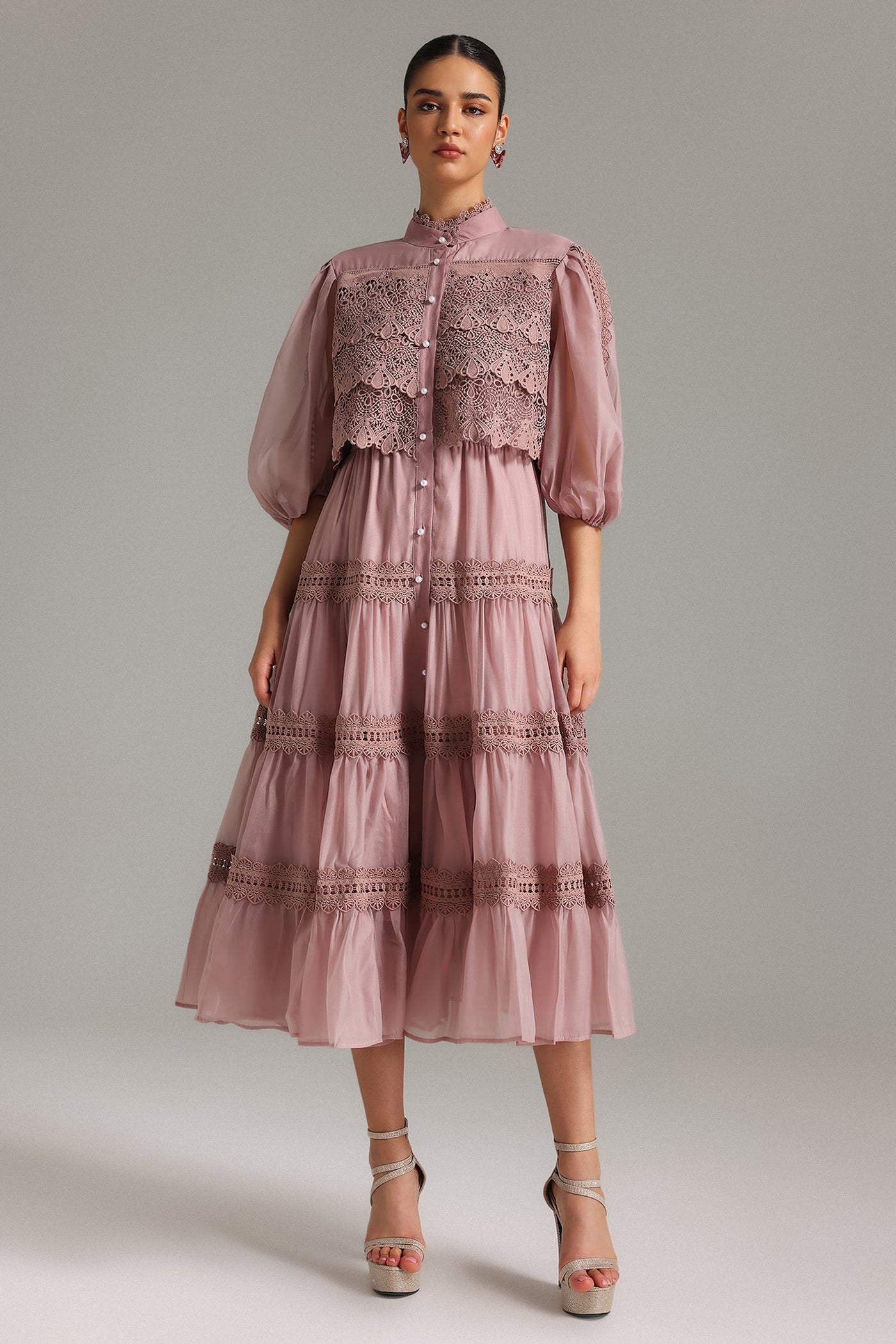 Verza Pink Puff Sleeve Lace Midi Dress with Belt