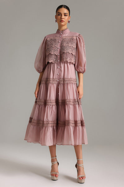 Verza Pink Puff Sleeve Lace Midi Dress with Belt