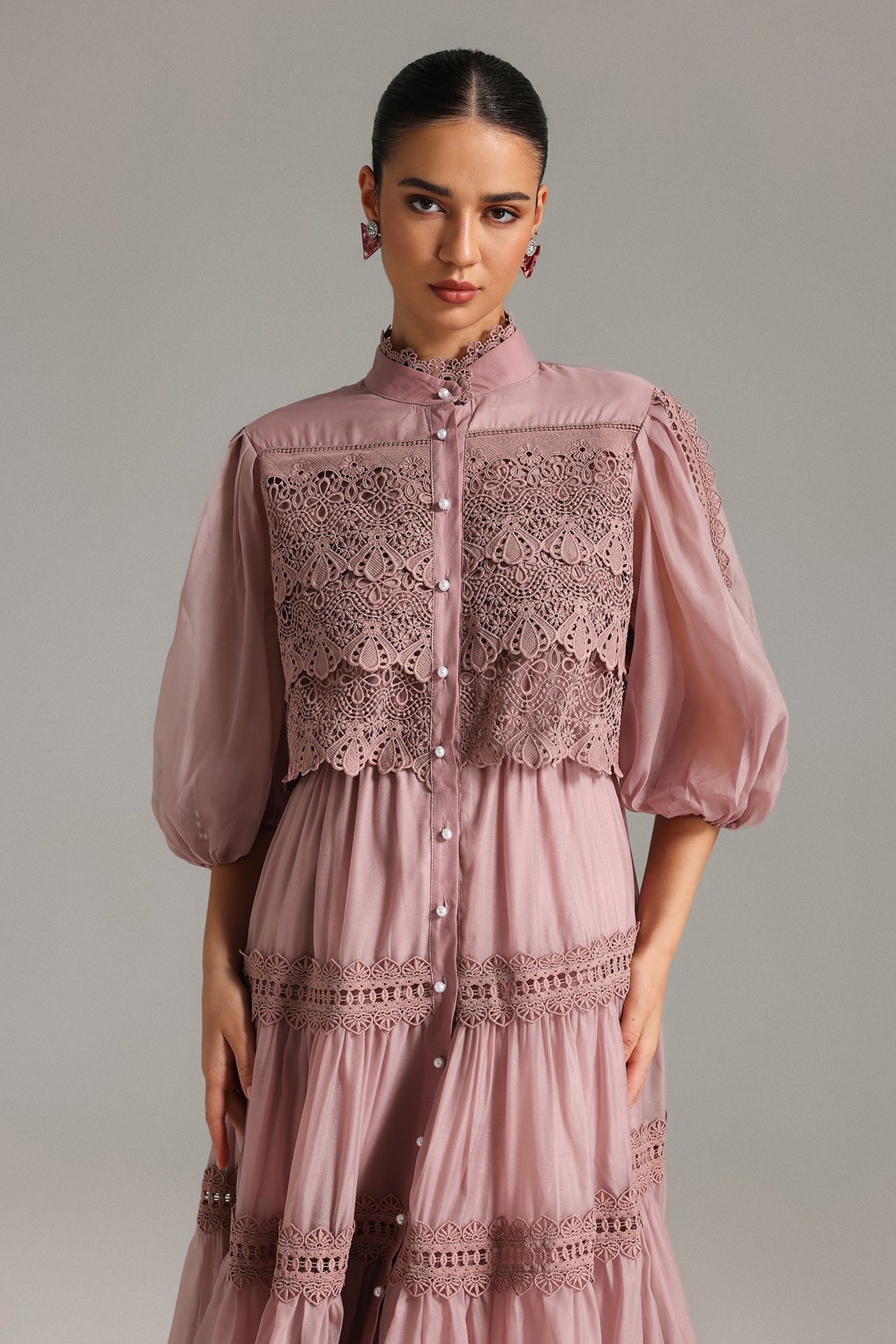 Verza Pink Puff Sleeve Lace Midi Dress with Belt