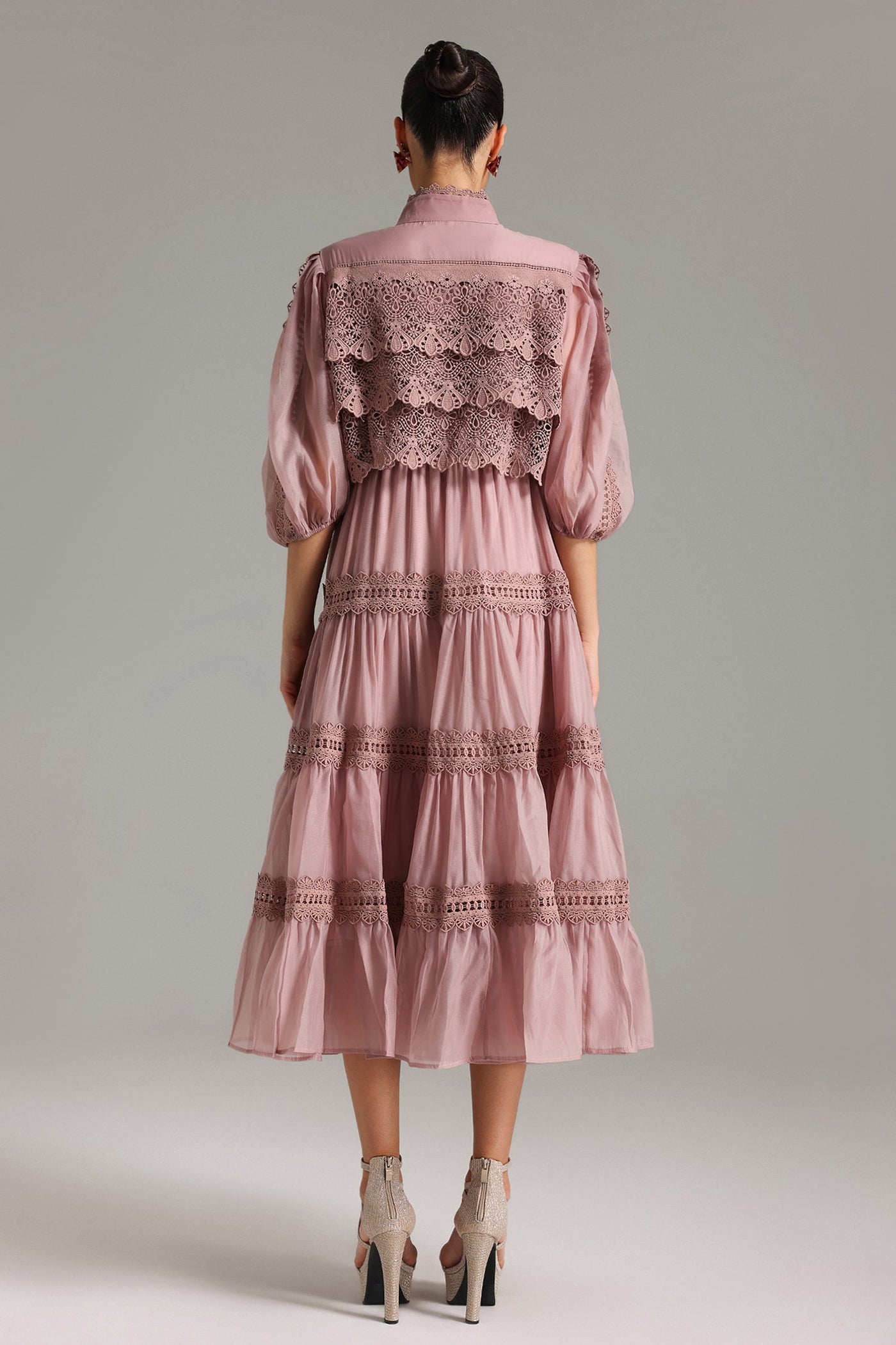 Verza Pink Puff Sleeve Lace Midi Dress with Belt