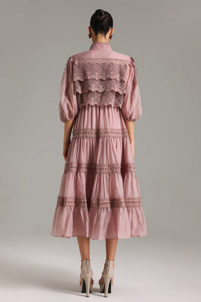 Verza Pink Puff Sleeve Lace Midi Dress with Belt