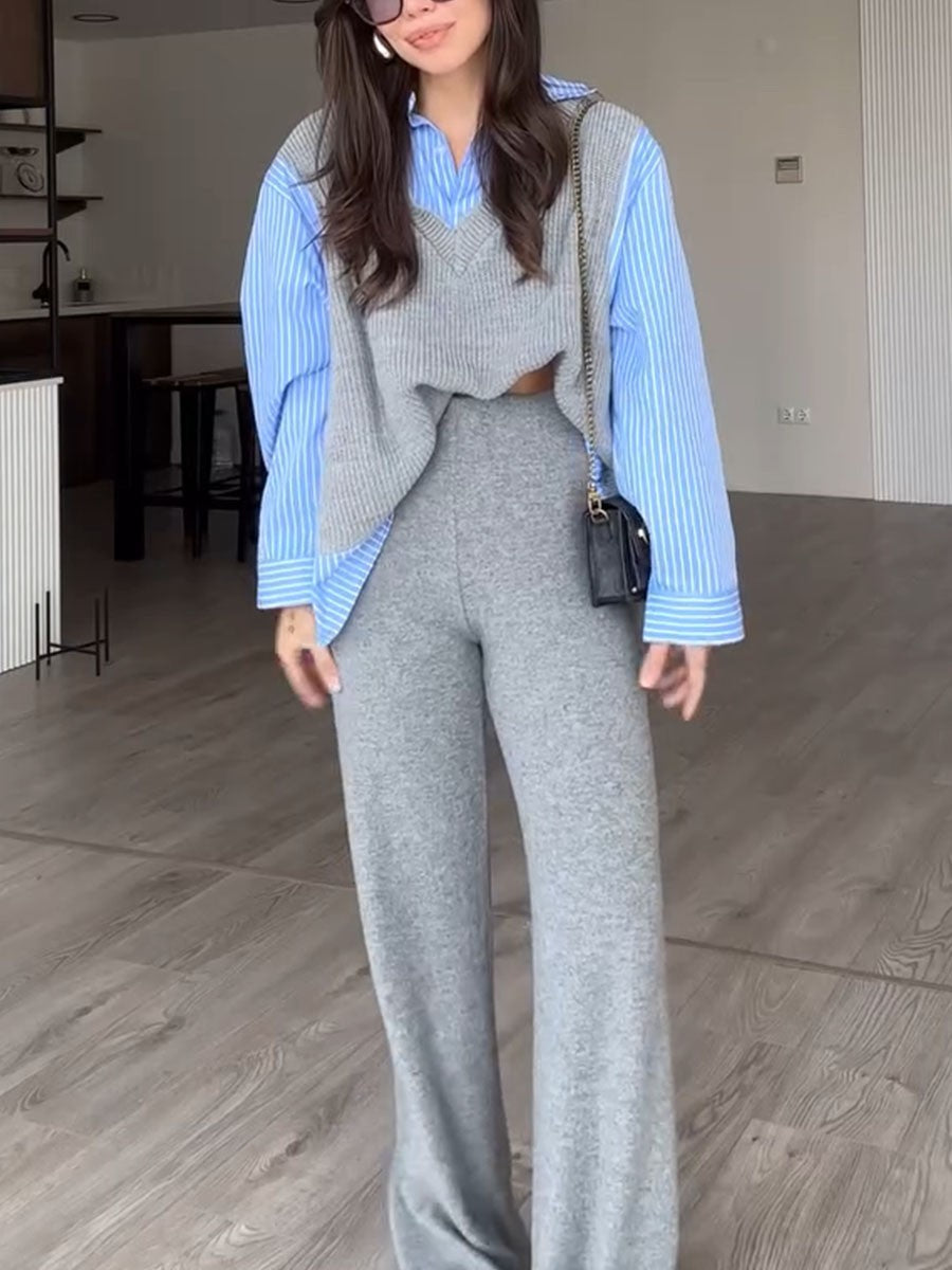 Chic Striped Knitted Fake Two-Piece Top & Pants Set for Women