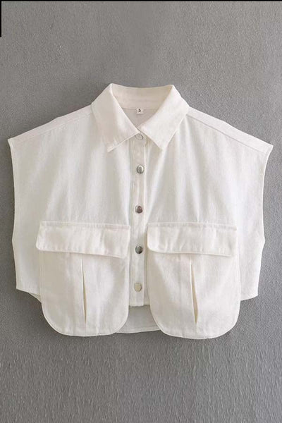 Stylish Weekend Denim Button-Up Cape Sleeve Pocket Crop Top with Frayed Hem