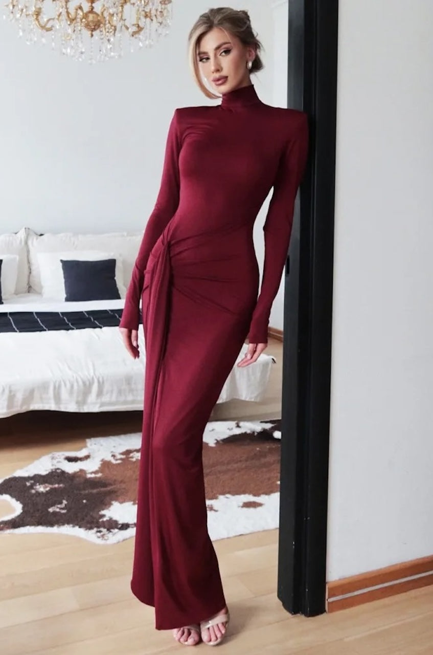 Petra High-Neck Knot Maxi Dress with Long Sleeves