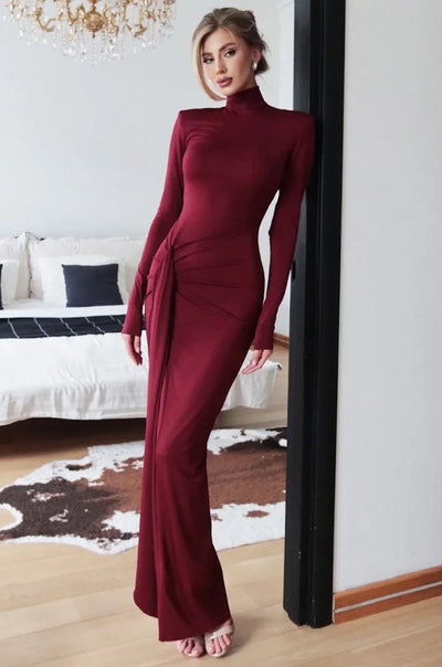 Petra High-Neck Knot Maxi Dress with Long Sleeves