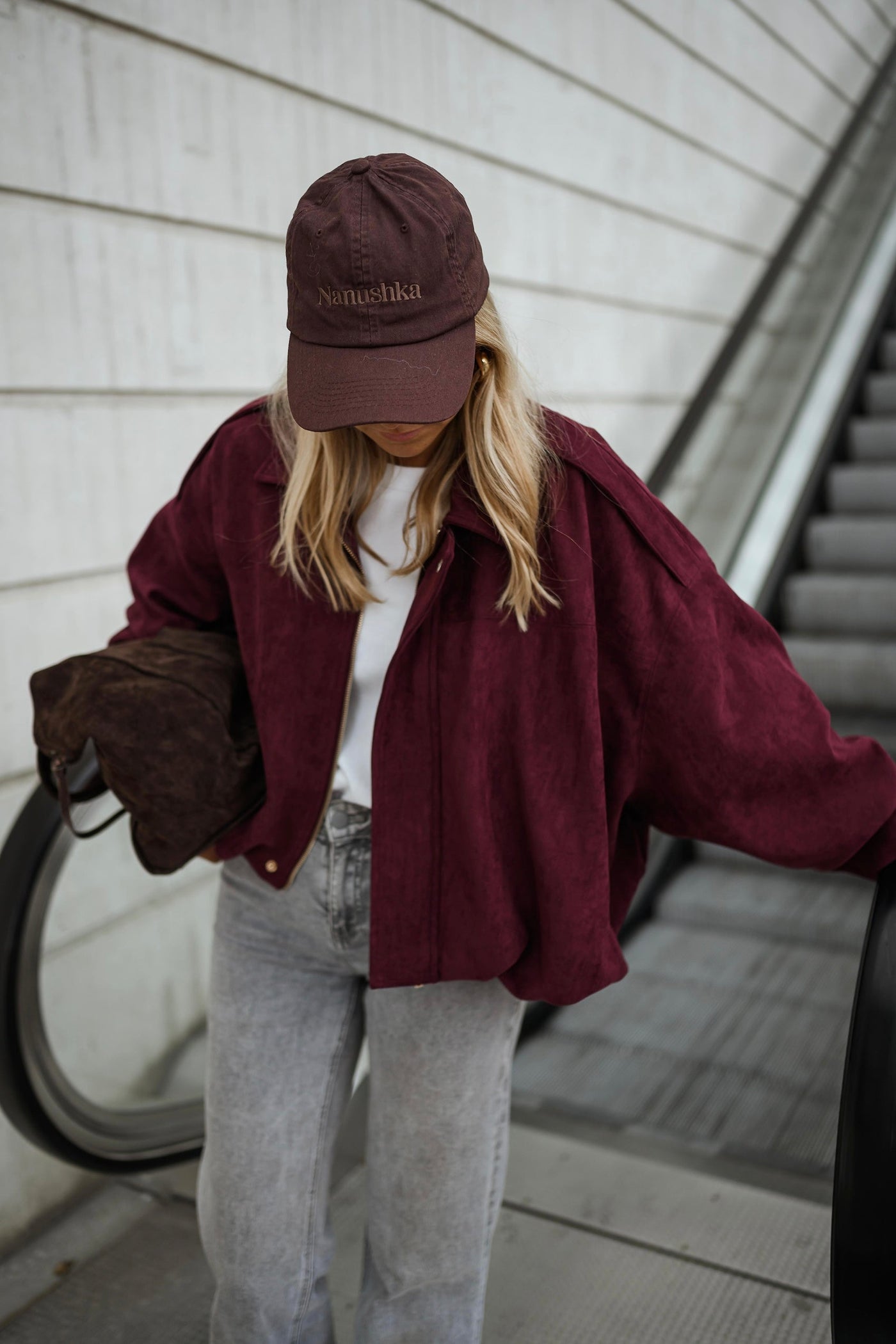 Burgundy Suede‑Effect Dave Jacket with Gold Zipper Relaxed Fit