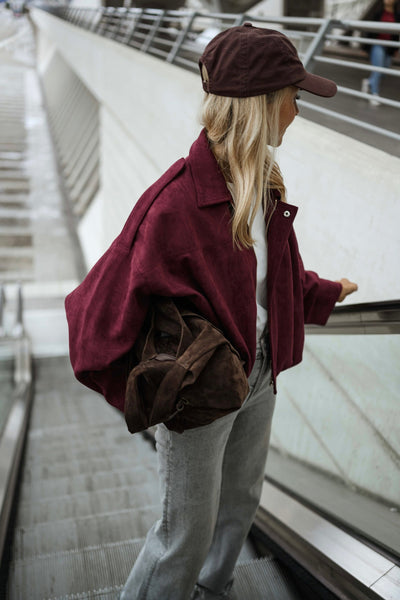 Burgundy Suede‑Effect Dave Jacket with Gold Zipper Relaxed Fit