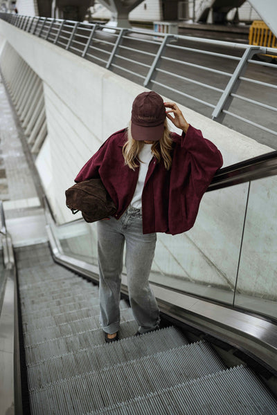 Burgundy Suede‑Effect Dave Jacket with Gold Zipper Relaxed Fit